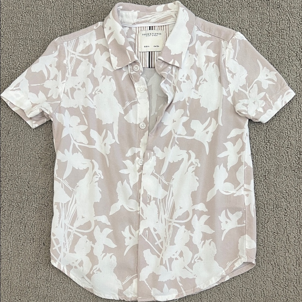 Denim & Flower Kids’s White and Tan Floral Shirt